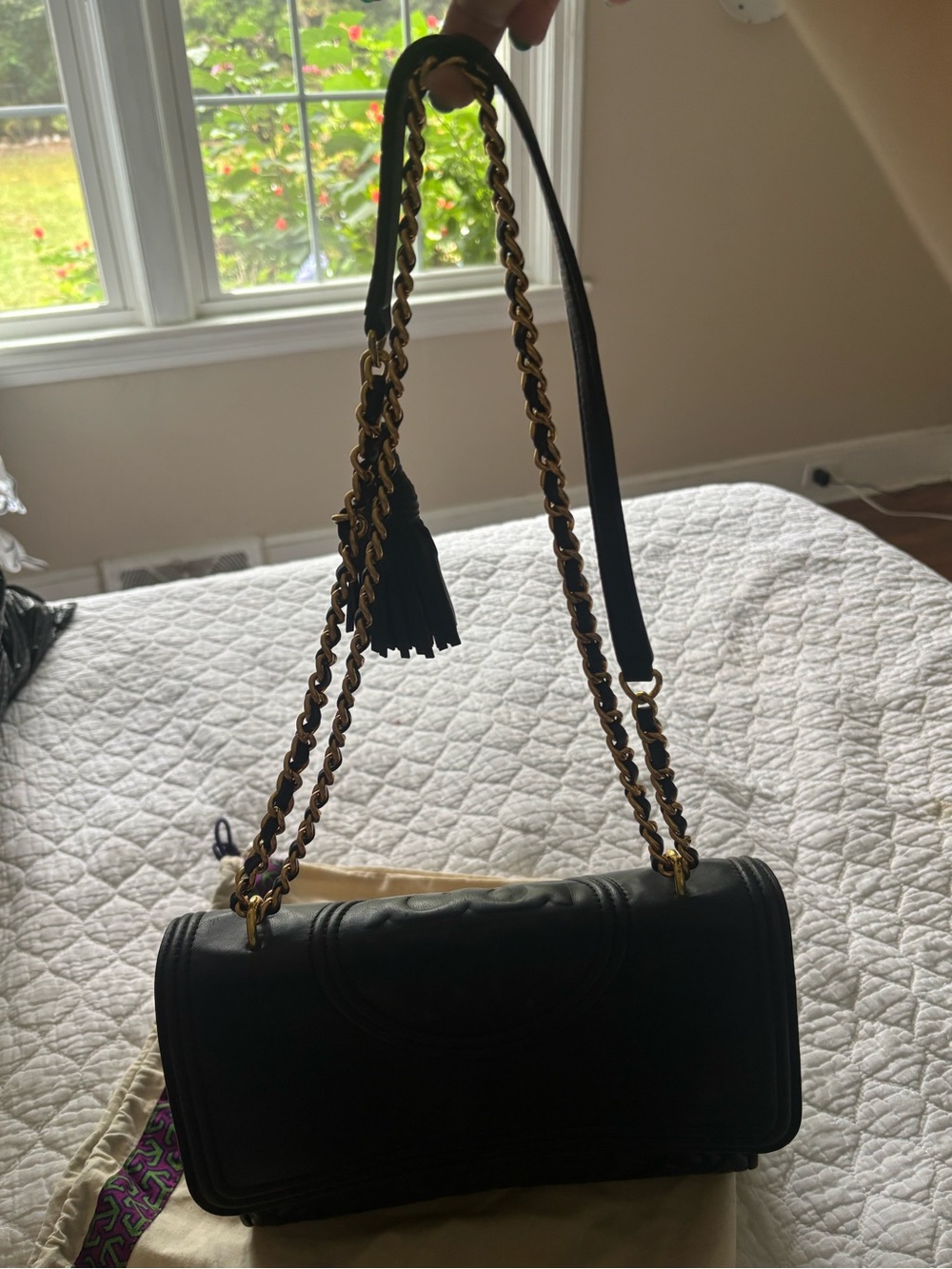 Tory Burch Black Leather Crossbody with Gold Chain